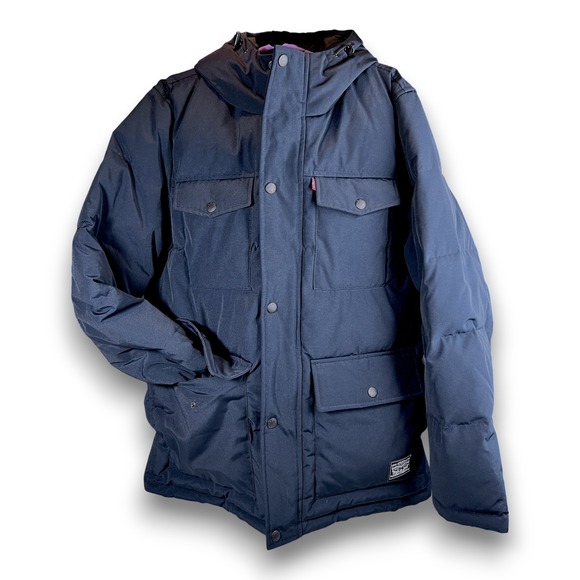 Levi's Men's Arctic Cloth Quilted Four Pocket Hooded Parka Jacket Navy Blue Sz M